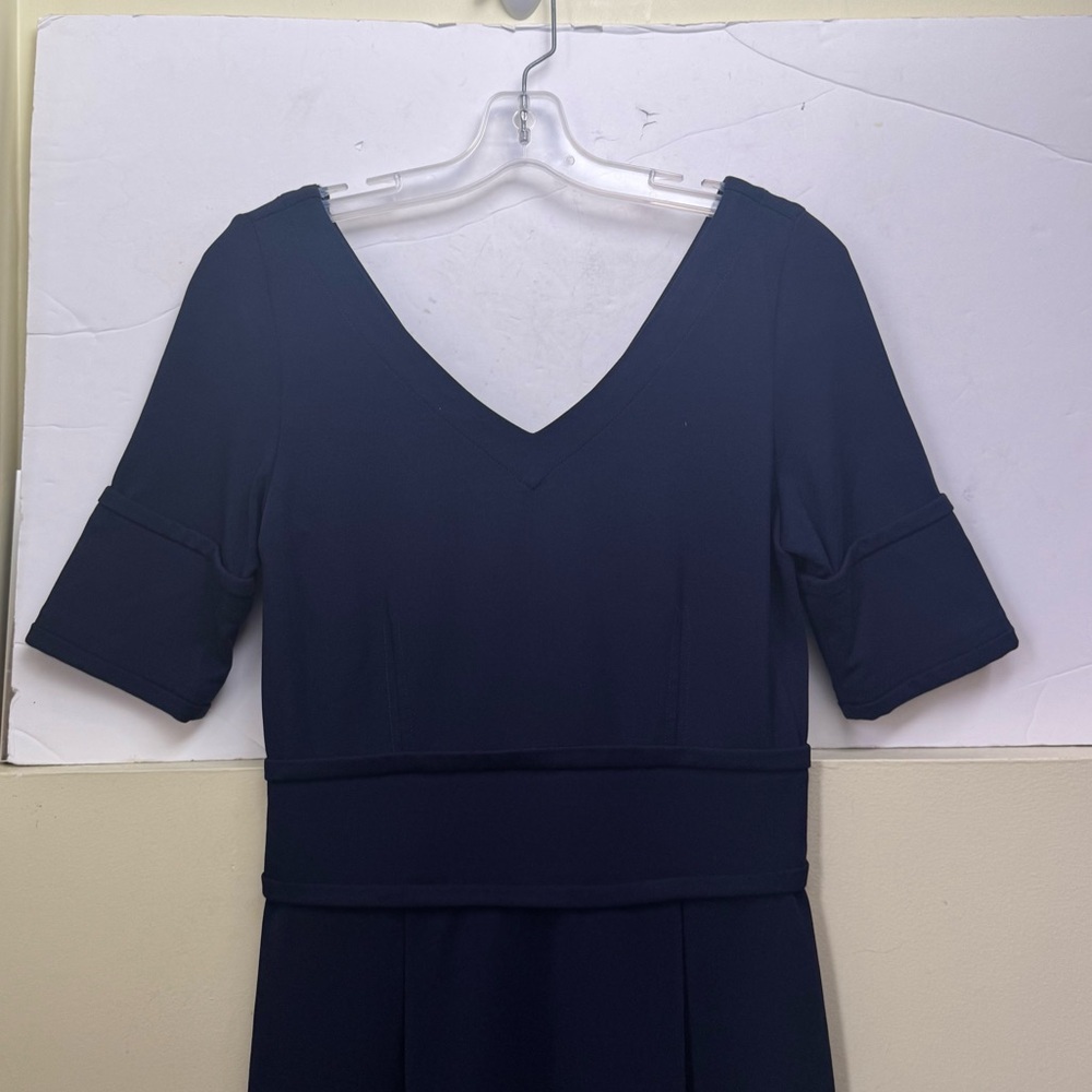 Pink Tartan V Neck Fit Flare Sheath Dress Pockets Stretch Preppy Minimal Navy S - Picture 4 of 16